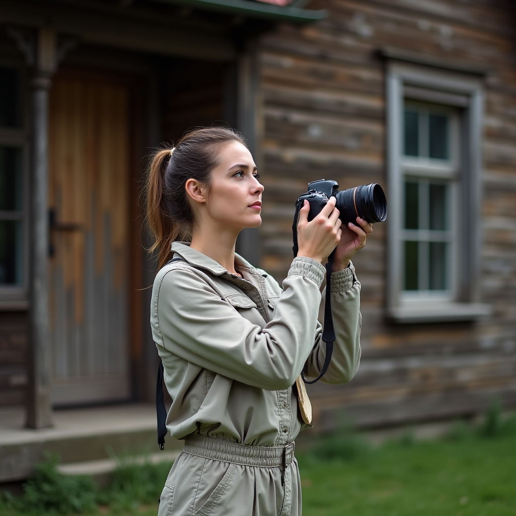Persoană fotografiind detaliile unei case vechi, cu aparat foto și carnet de notițe