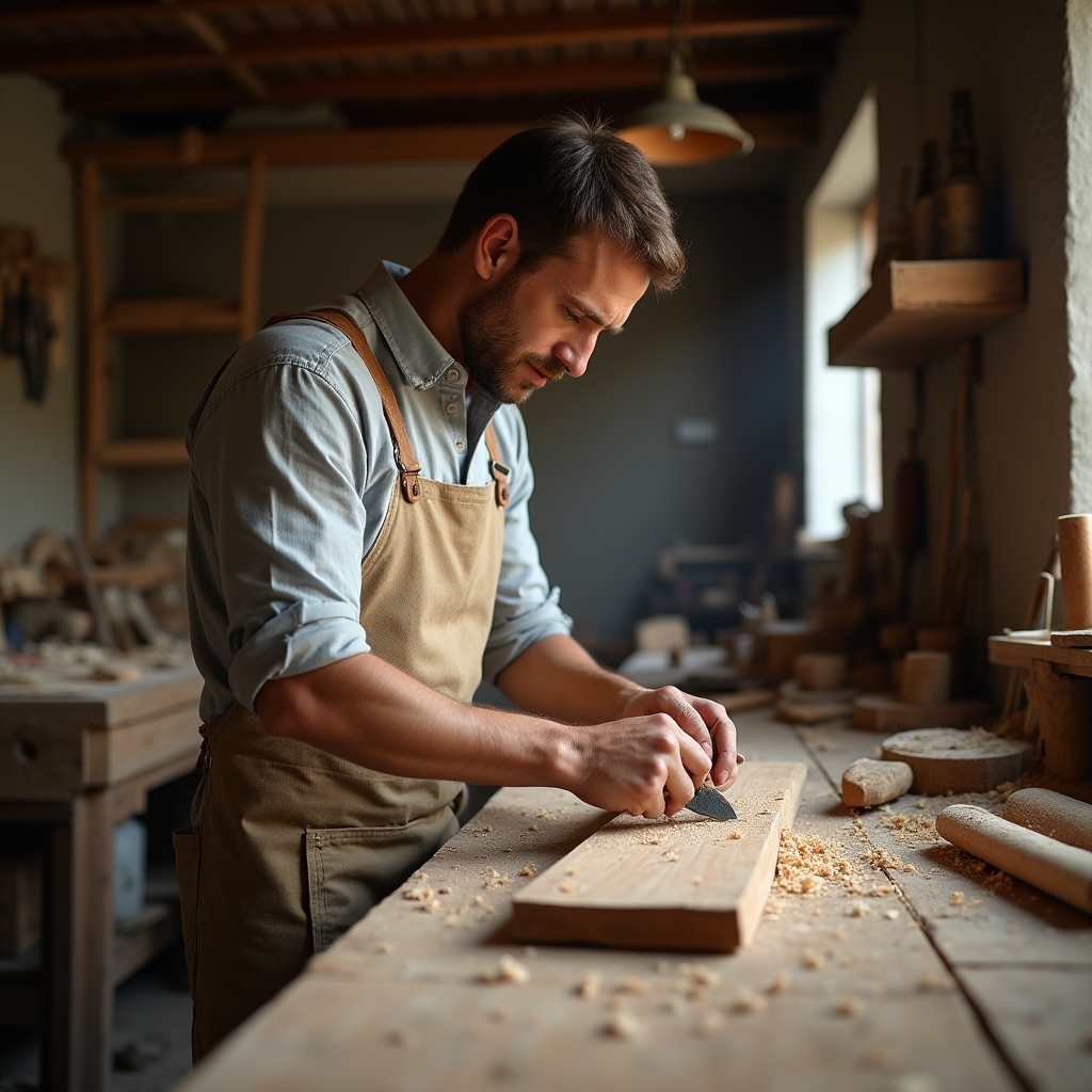 Meșter popular lucrând la o piesă de lemn în atelier